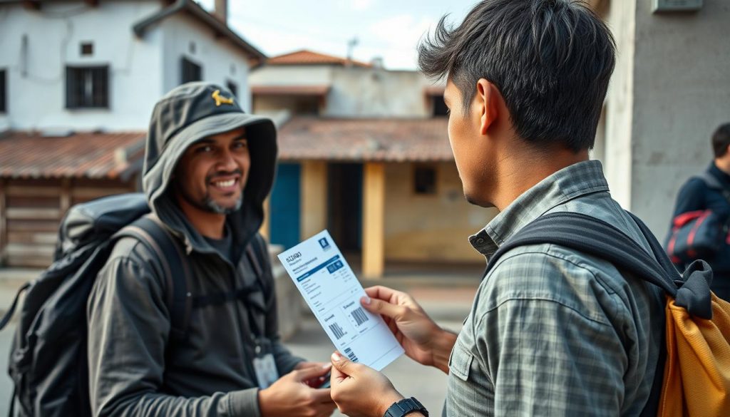 Mochileiro na América do Sul mostrando bilhete de saída à imigração