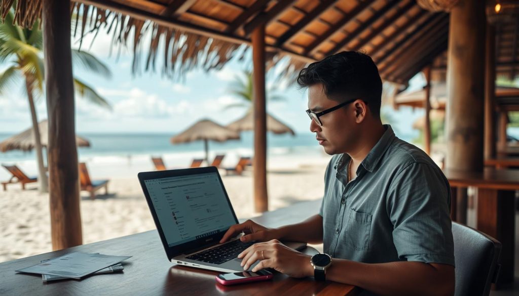 Nômade digital no Sudeste Asiático usando serviço de bilhete de saída