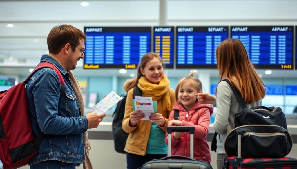 Família fazendo check-in para voo internacional com bilhetes de saída