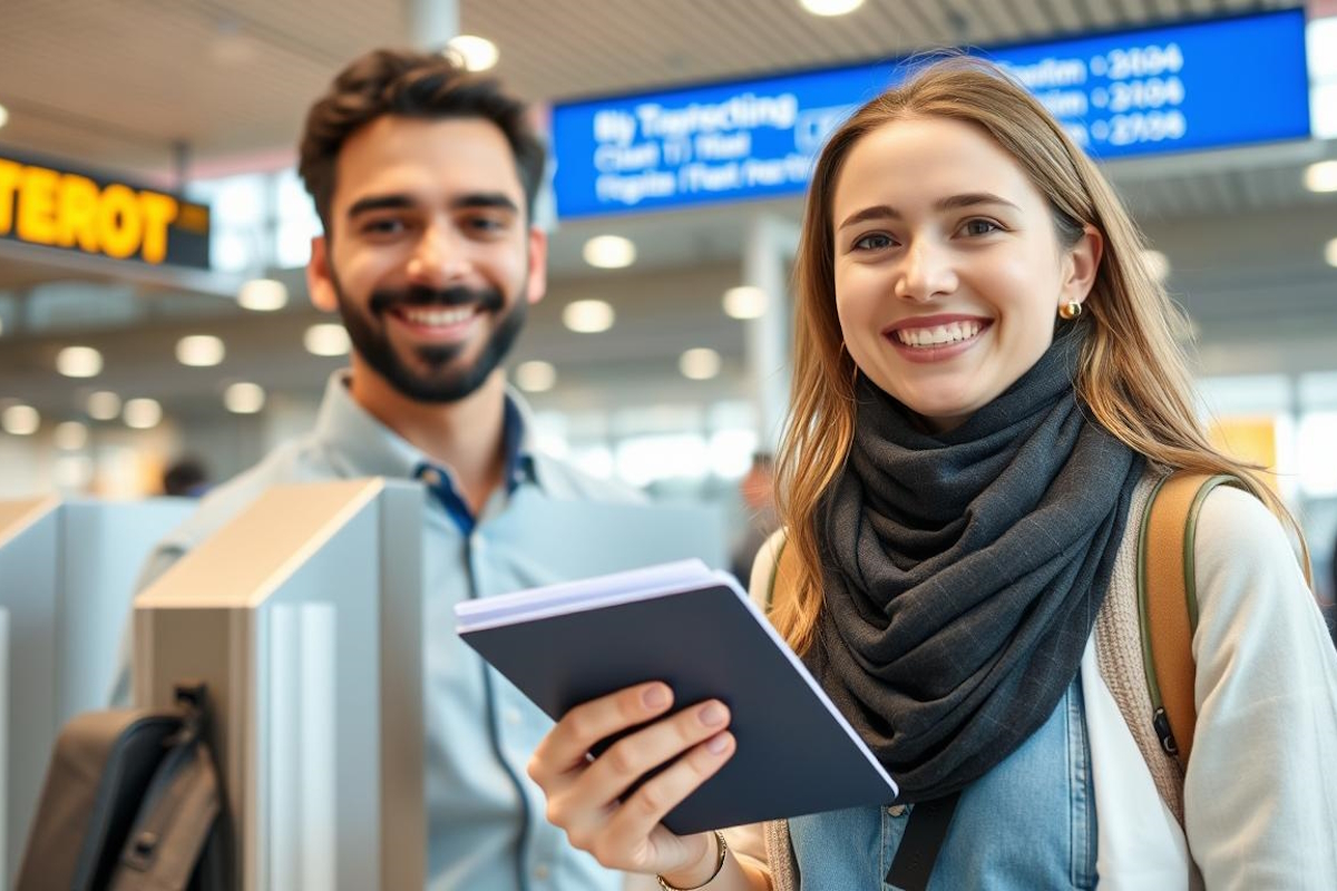 Viajante feliz passando pela imigração com uma passagem de saída