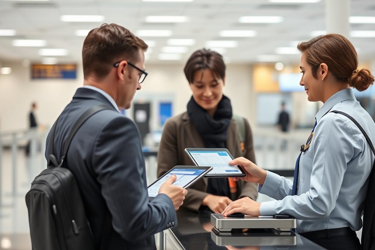 Oficial de imigração no controle de fronteira verificando a passagem de saída de um viajante