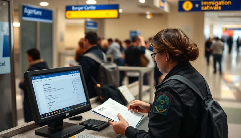 Agente de imigração conferindo documentos de viagem, incluindo um bilhete de saída