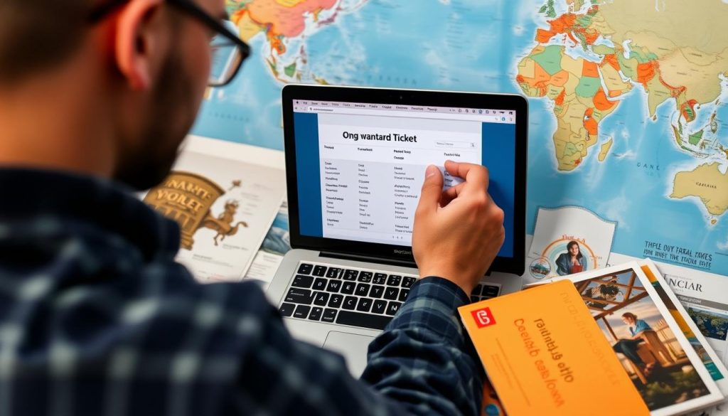 Pessoa pesquisando requisitos de bilhete de saída para diferentes países