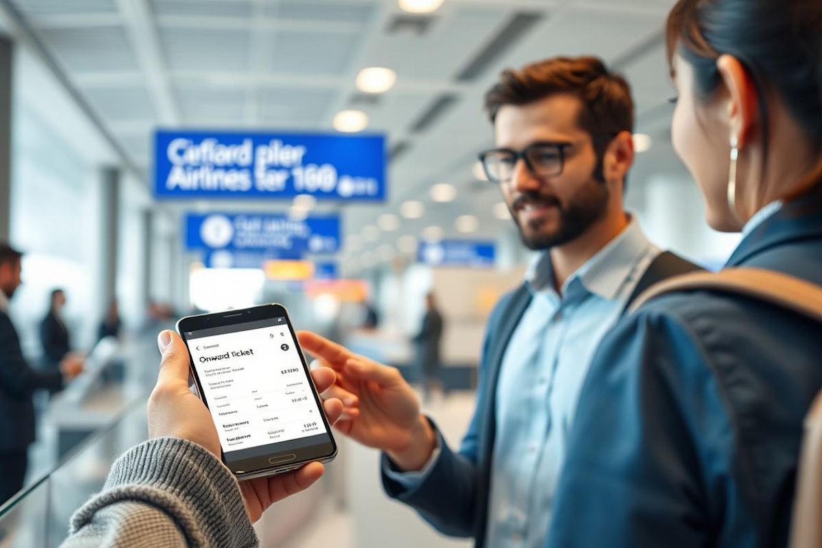 Viajante no balcão de check-in do aeroporto apresentando uma passagem de saída