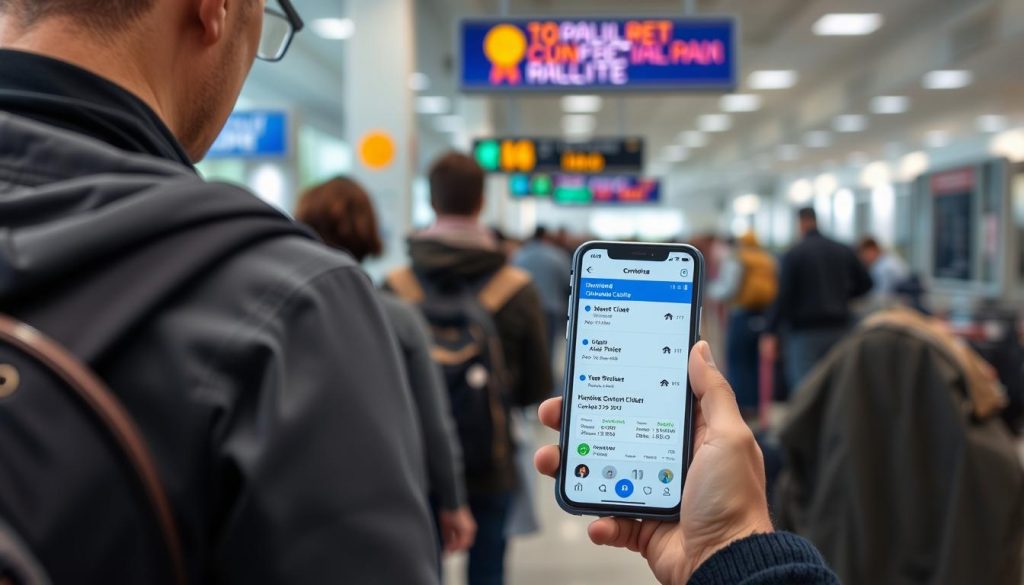 Viajante usando um bilhete de saída no smartphone na imigração