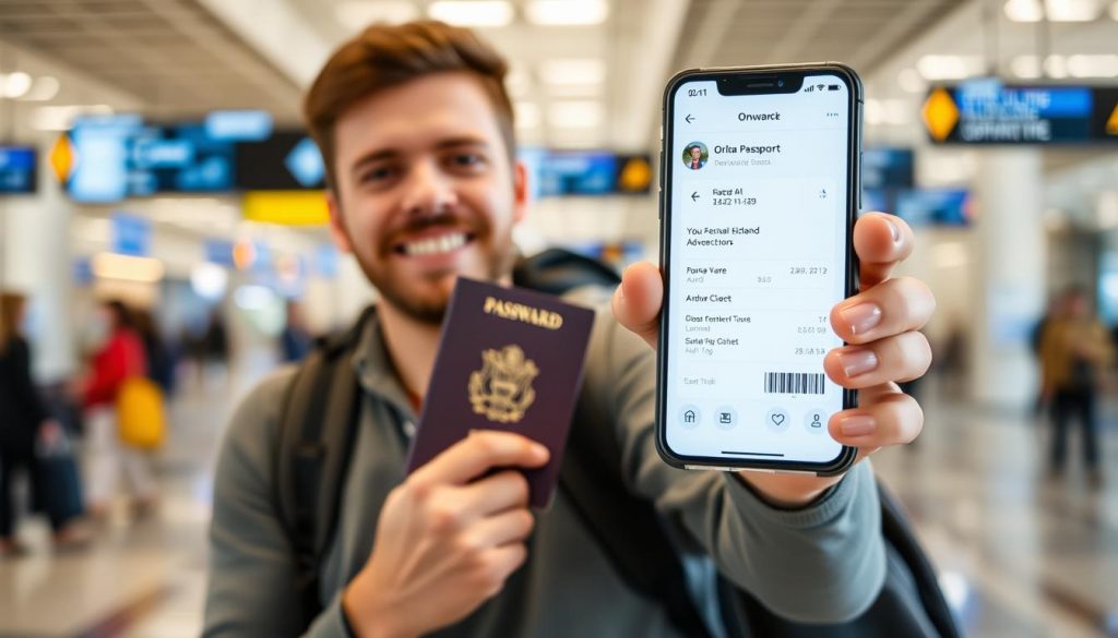 Viajante com passaporte e bilhete de saída pronto para a viagem
